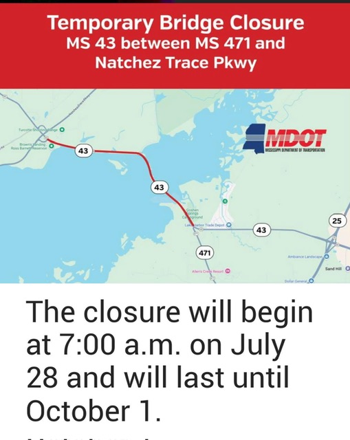 Bridge over Ross Barnett Reservoir to be closed from July 28 – October 1