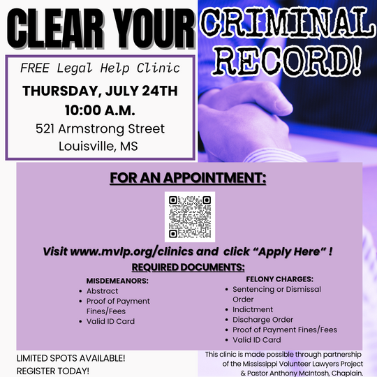 Mississippi Volunteer Lawyers Project to host free Expungement Clinic Thursday, July in Louisville