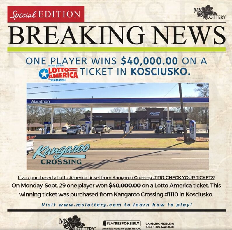 $40,000 lottery ticket purchased at Kangaroo Crossing in Kosciusko