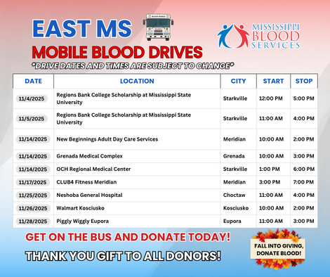 Blood drives planned in Neshoba and Attala Counties later this month