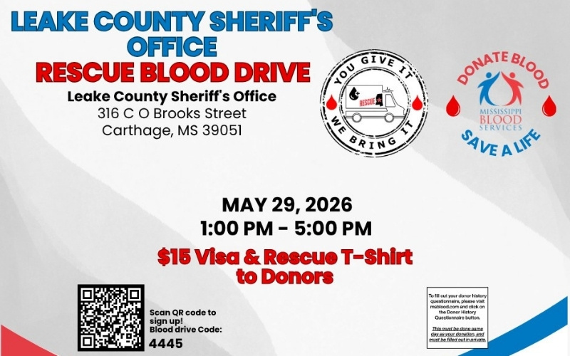 Rescue Blood Drive this Friday at the Leake County Sheriff’s Office
